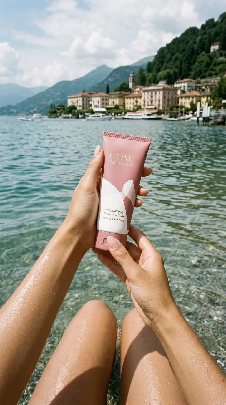 Rosa Skincare-Tube am Lago di Como — KI-generiert