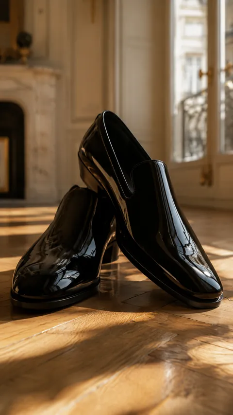 Schwarze Lack-Loafer auf Pariser Parkett — KI-generiert