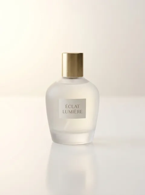 Parfum-Flakon ÉCLAT LUMIÈRE auf Weiß — KI-generiert