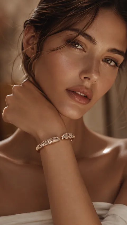 Beauty-Portrait mit Goldarmband, warmes Licht — KI-generiert
