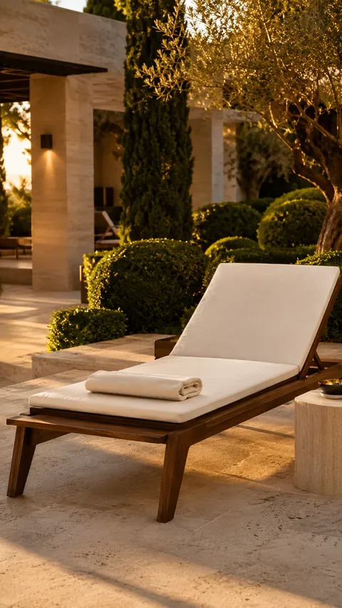 Teak-Sonnenliege in mediterranem Garten, goldenes Licht — KI-generiert
