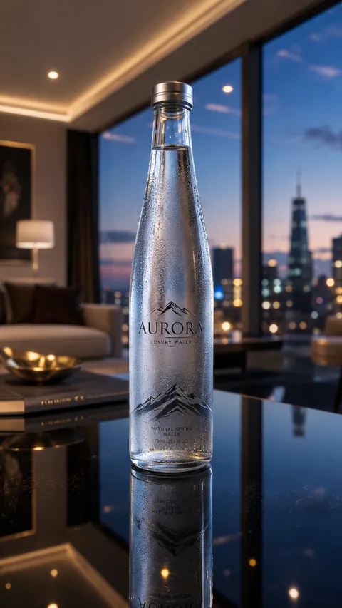 Premium-Wasserflasche vor nächtlicher Skyline — KI-generiert