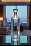 Klare Spirituosen-Flasche vor Abend-Skyline — KI-generiert