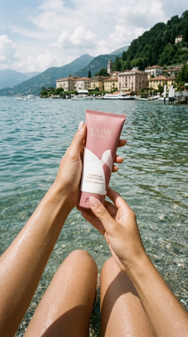 Rosa Skincare-Tube am Lago di Como — KI-generiert