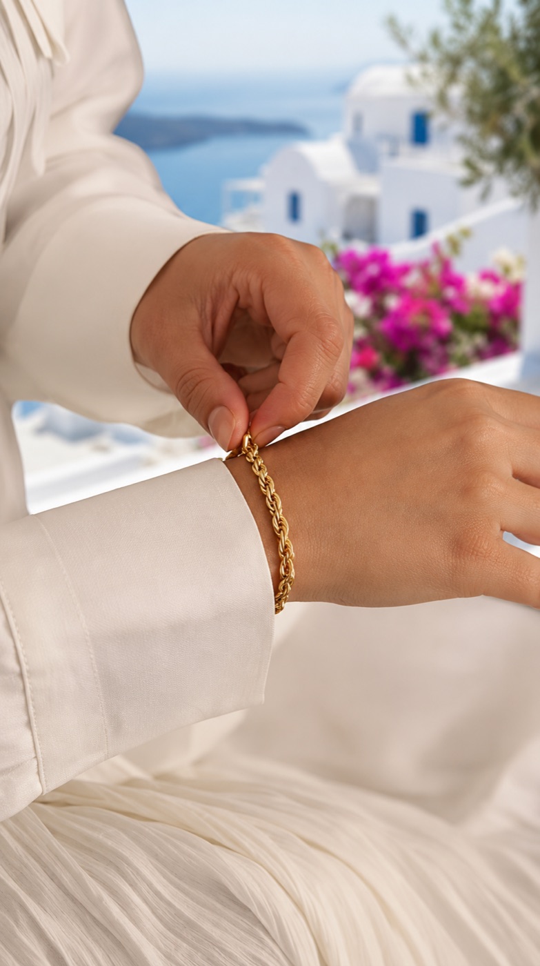 Goldenes Gliederarmband vor Santorini — KI-generiert
