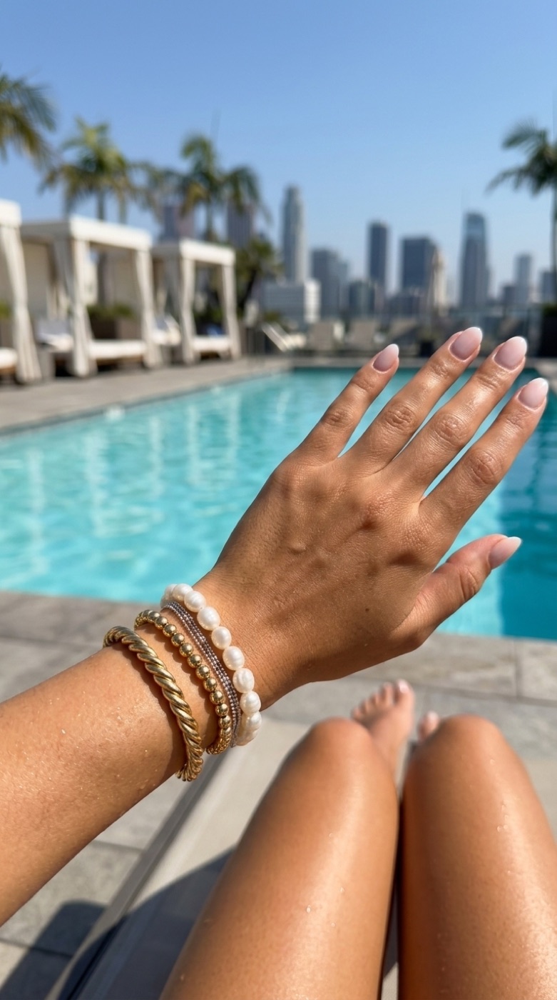Armband-Stack am Pool mit Palmen — KI-generiert